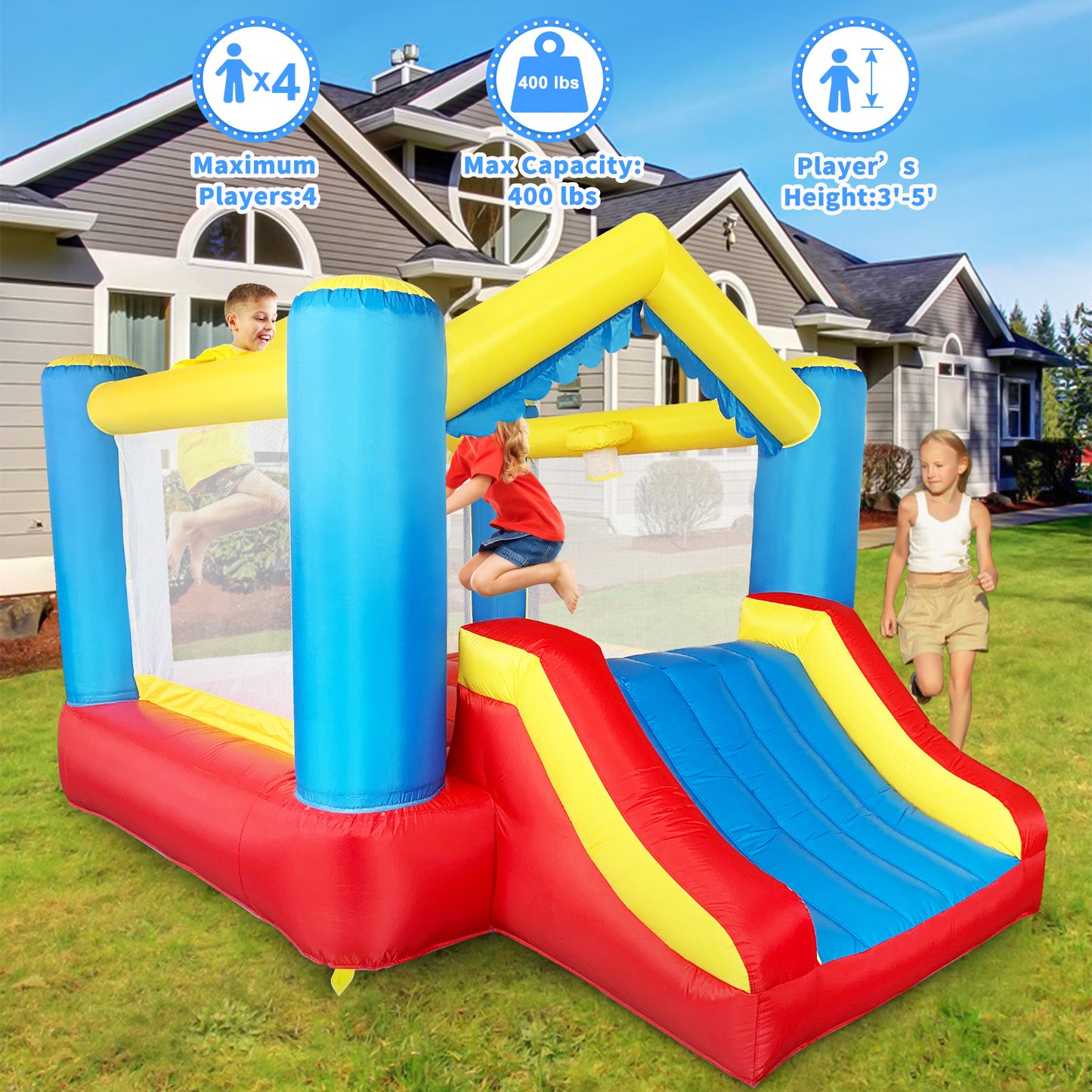 YARD Bounce House Inflatable Bounce House with Basketball Hoop Royal Bouncer for Kids, Outdoor Bouncy House, Durable Seam Forced Buffer Strips, Big Slide, 12 x 9 x 8 ft H, w/ UL Certified Air Blower