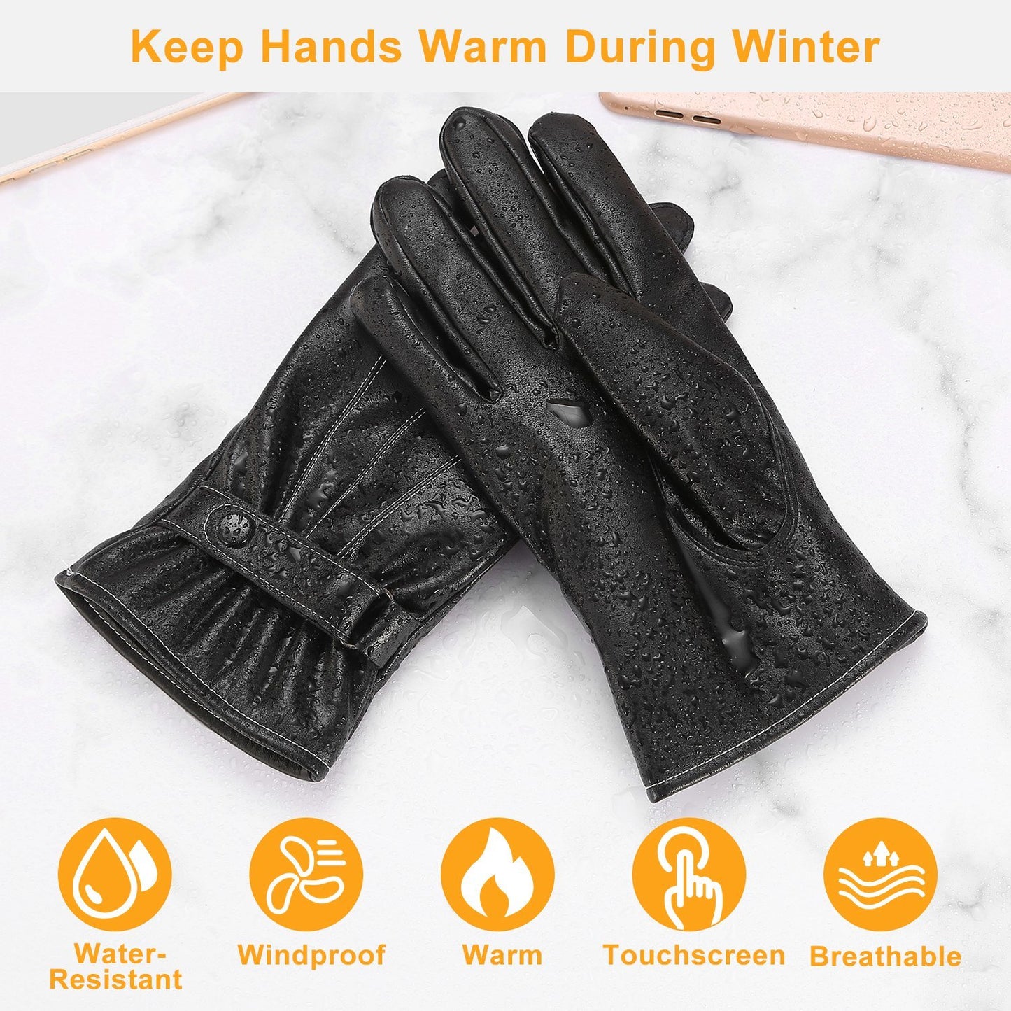 Men's Leather Winter Gloves Touchscreen Outdoor Windproof Cycling Skiing Warm Gloves