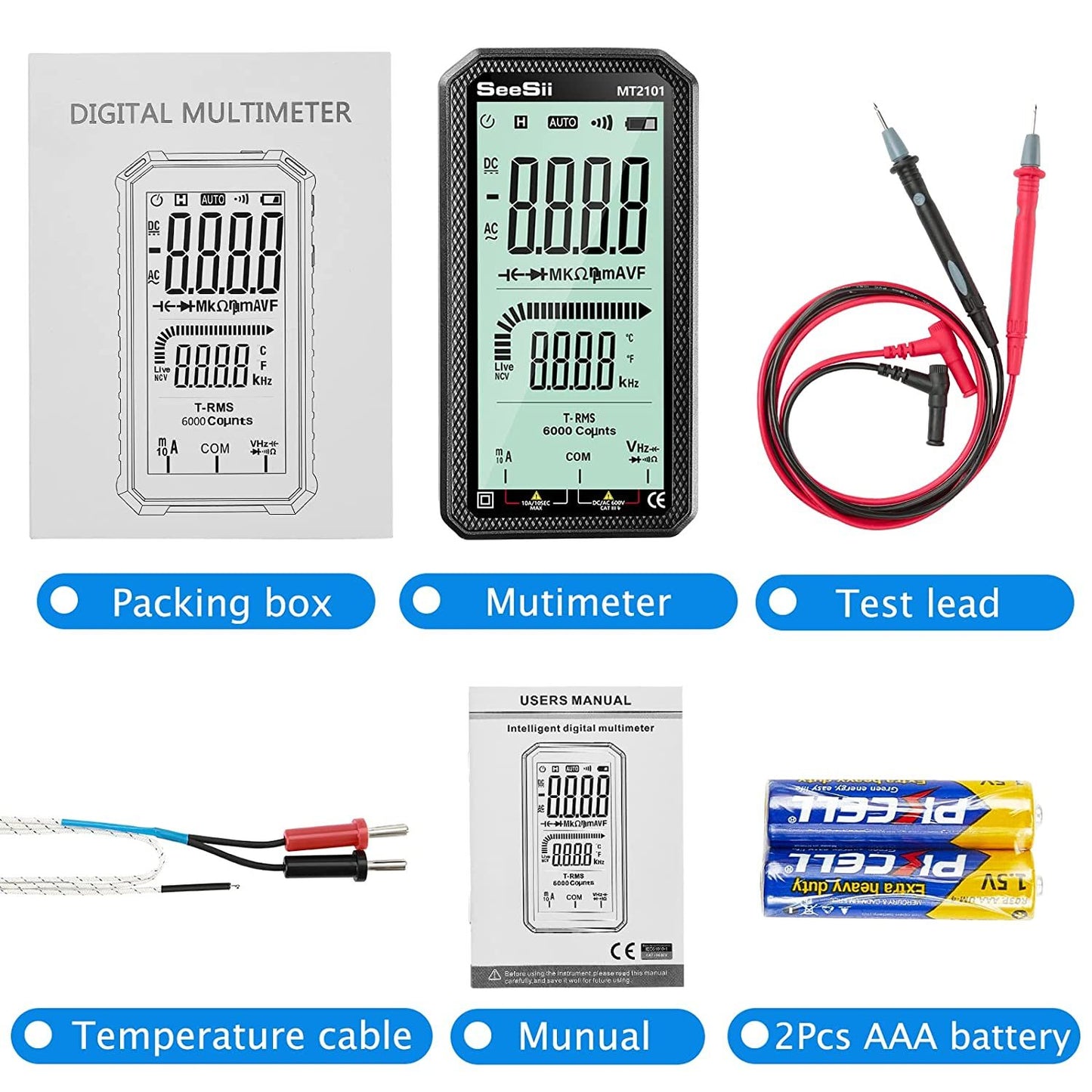 Digital Multimeter 4.7In LCD DC/AC Current Voltage Measurement Capacitance Resistance Measuring Meter NCV Tester