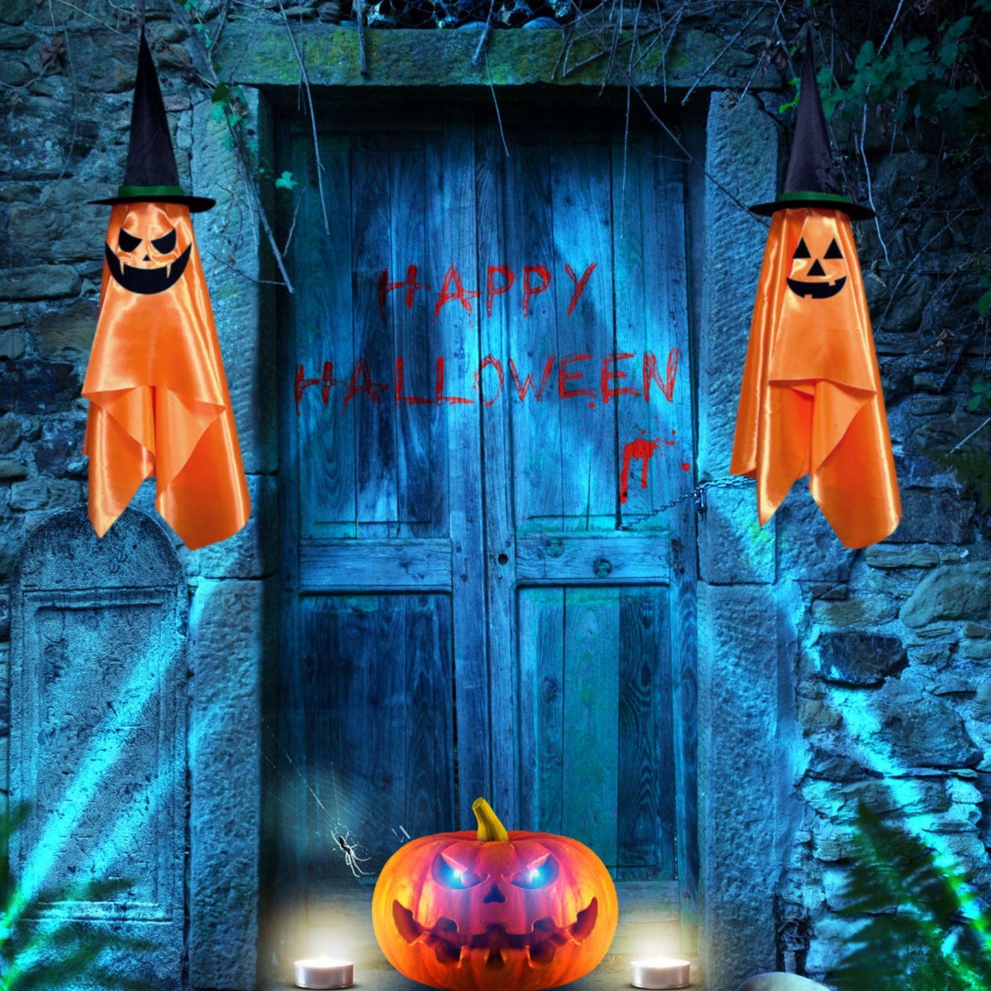 2 Pack Hanging Ghosts with Wizard Hat Snicker Scary Face Halloween Party Hanging Decorations Pumpkin Wizard Hat for Eave Tree Porch