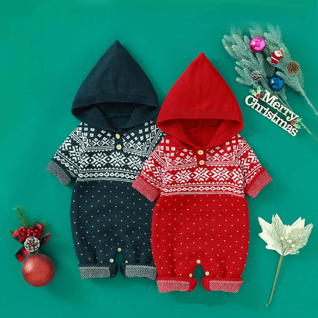 Baby Boy And Girl Christmas Print Pattern Knit Hooded Jumpsuits