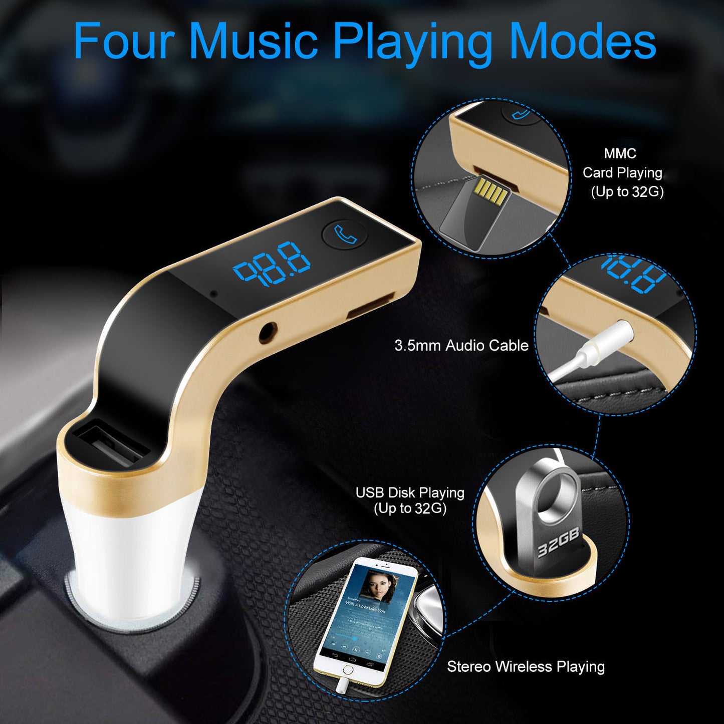 Car Wireless FM Transmitter USB Charger Hands-free Call MP3 Player MMC Card Reading Aux-in LCD Display