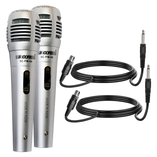 5 Core Microphone Wired Dynamic Vocal Handheld Karaoke Mic Pair Cardioid Unidirectional Microfono w On & Off Switch Includes XLR Audio Cable Silver PM-66K 2 pcs