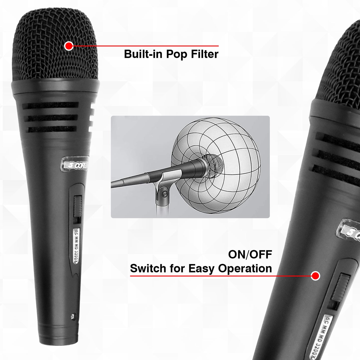 5 CORE Professional Dynamic Vocal Microphone Neodymium Cardioid Unidirectional Handheld Mic for Speakers, Karaoke W/Steel Mesh Grille, Metal Body ON/Off Switch w/16ft Detachable Cable+ Clip+ Bag