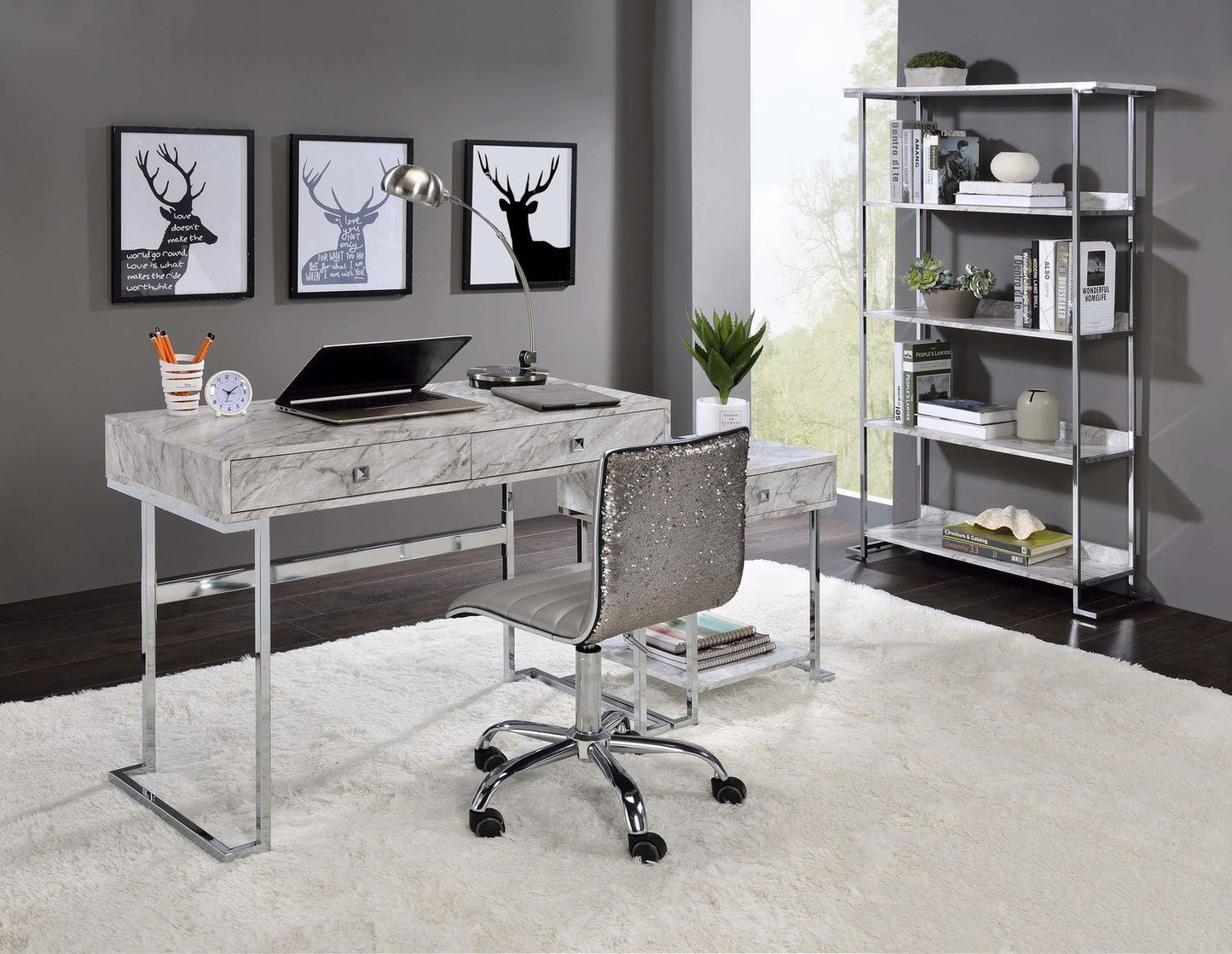 Tigress Writing Desk; White Printed Faux Marble & Chrome Finish YJ