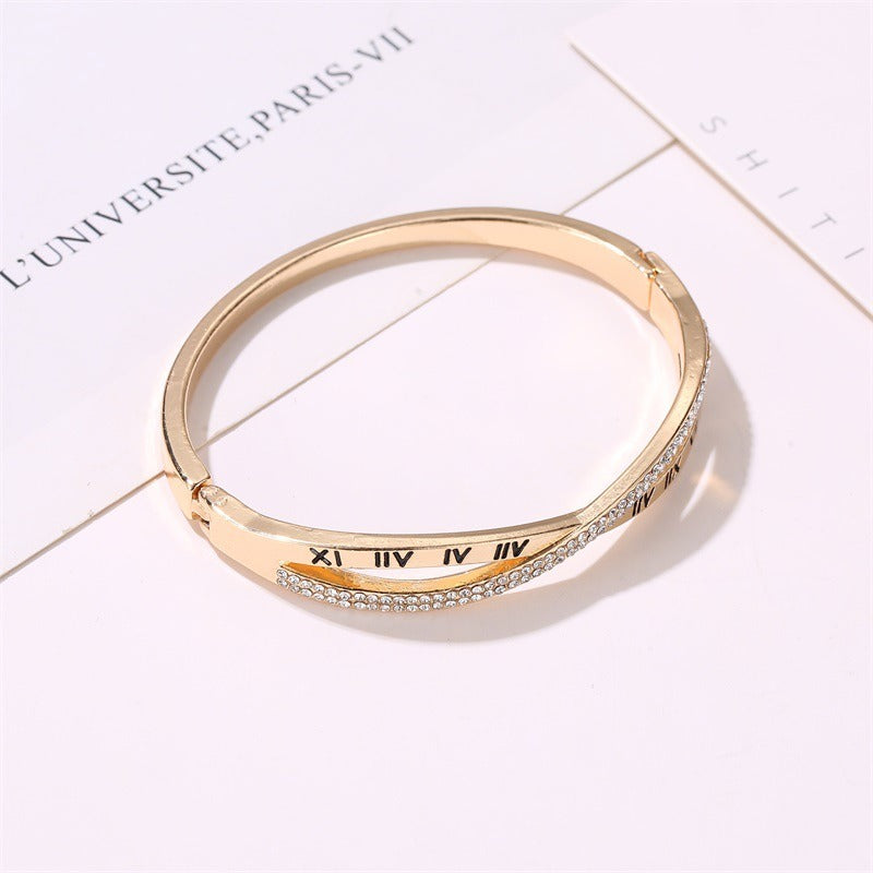 Roman Numerals Bracelet with Rhinestones Stainless Steel Bracelet Bangles for Women