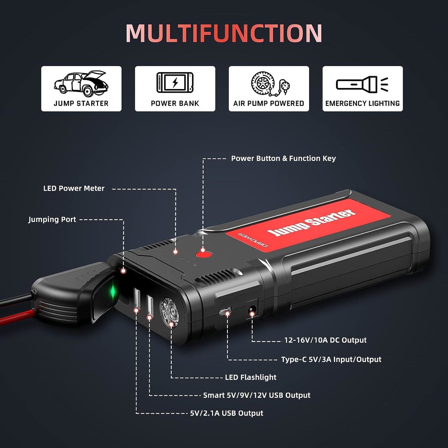 DBPOWER Car Battery Jump Starter 2500A 21800mAh - for up to 8.0L Gasoline/6.5L Diesel Engines, Portable 12V Auto Battery Booster, Power Pack, Quick Charging