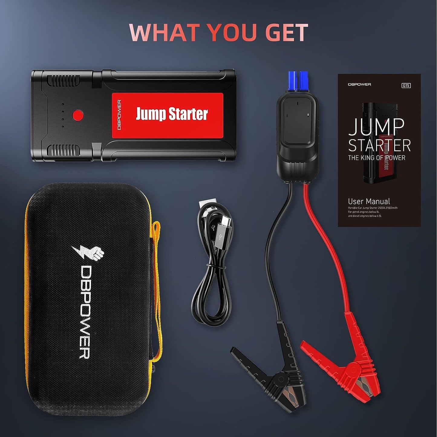 DBPOWER Car Battery Jump Starter 2500A 21800mAh - for up to 8.0L Gasoline/6.5L Diesel Engines, Portable 12V Auto Battery Booster, Power Pack, Quick Charging