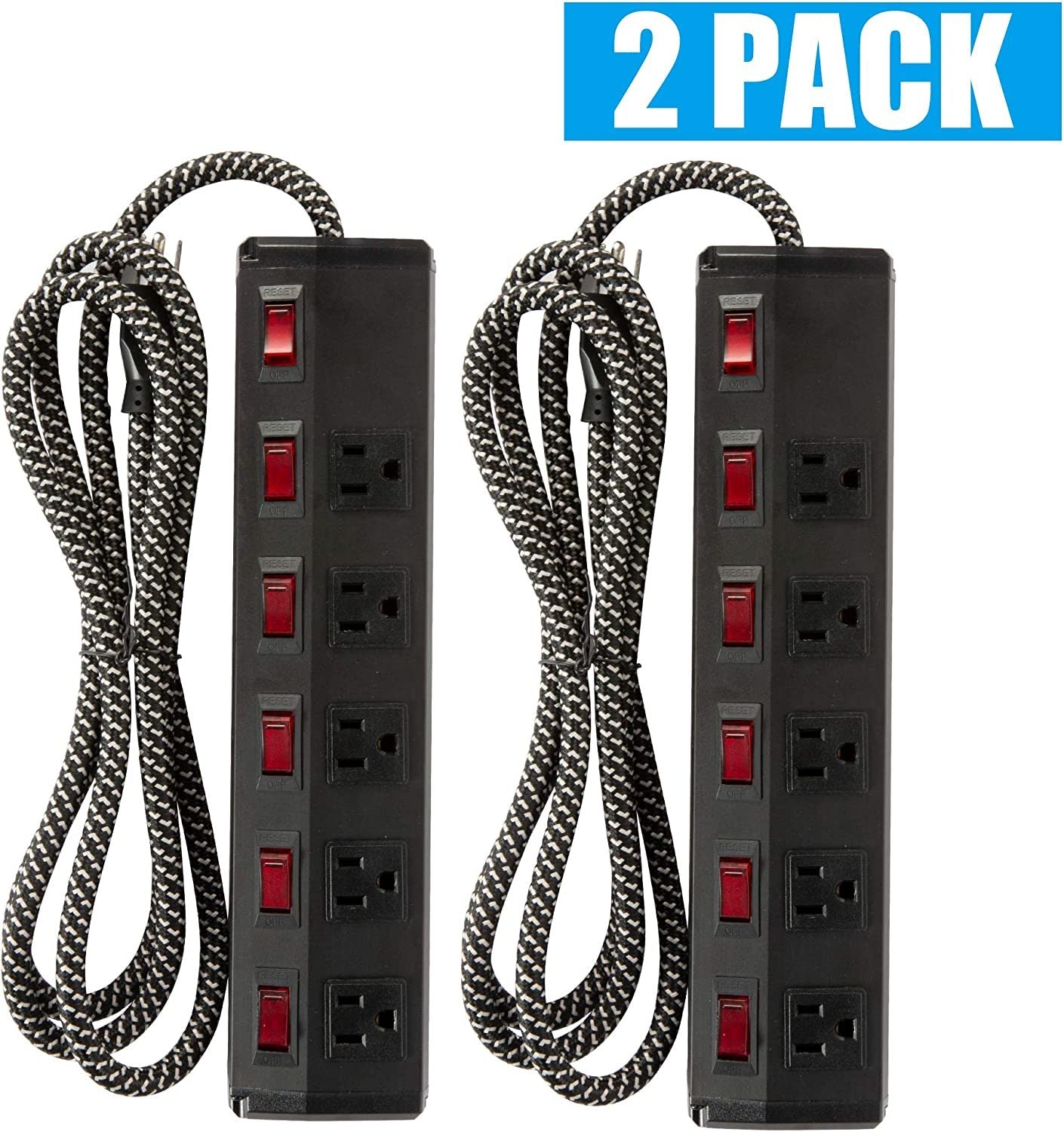 Bosonshop 2 Pack Long Power Strip Surge Protector;  6 Metal Power Outlets 2 USB Ports;  6 ft Long Extension Cord