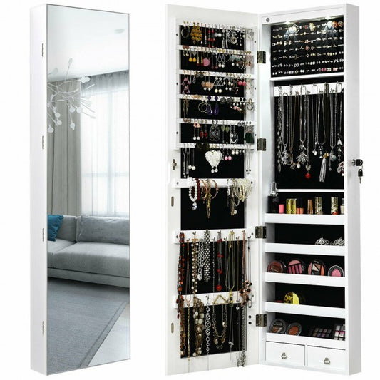 Wall and Door Mounted Mirrored Jewelry Cabinet with Lights