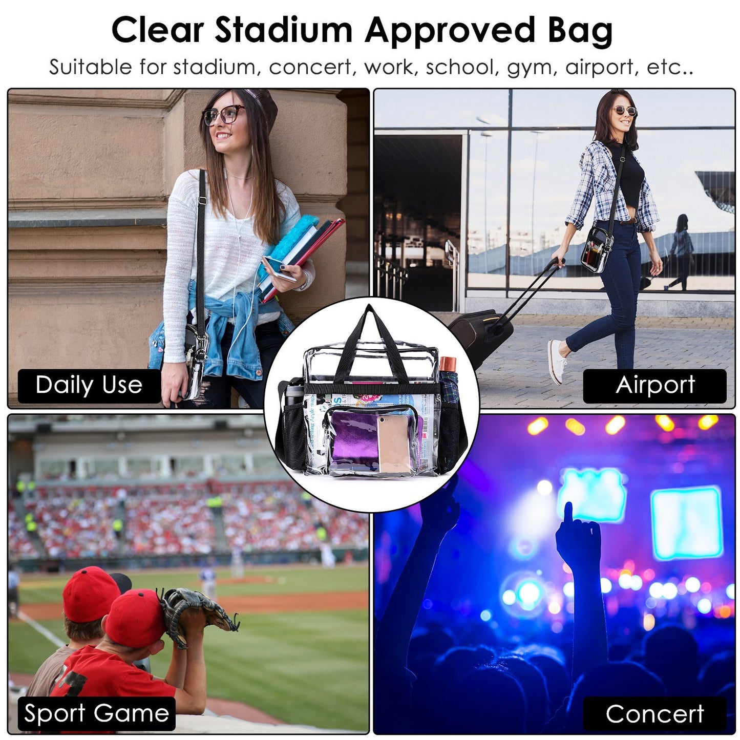Clear Crossbody Bag Stadium Approved Clear Transparent Shoulder Bag See Through Zip Pouch Tote Bag Handbag with 11LBS Load