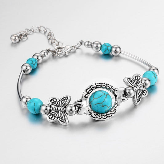 Bohemian Bracelet Turquoise Cracked Resin Ball with Unique Butterfly Carving Beach Jewelry