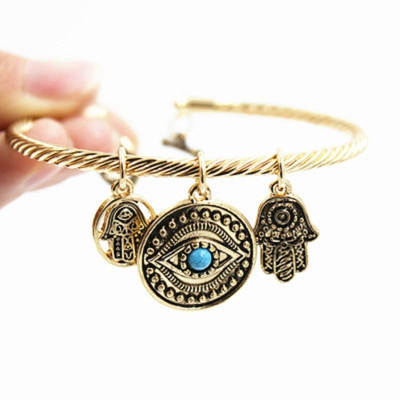 Twisted Bracelet Womens Dangling Evil Eye and Hamsa Hand Charm