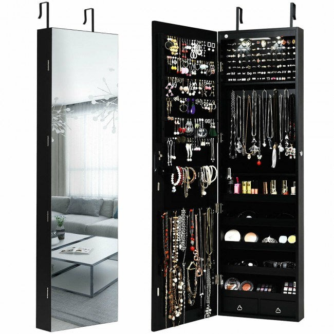 Wall and Door Mounted Mirrored Jewelry Cabinet with Lights