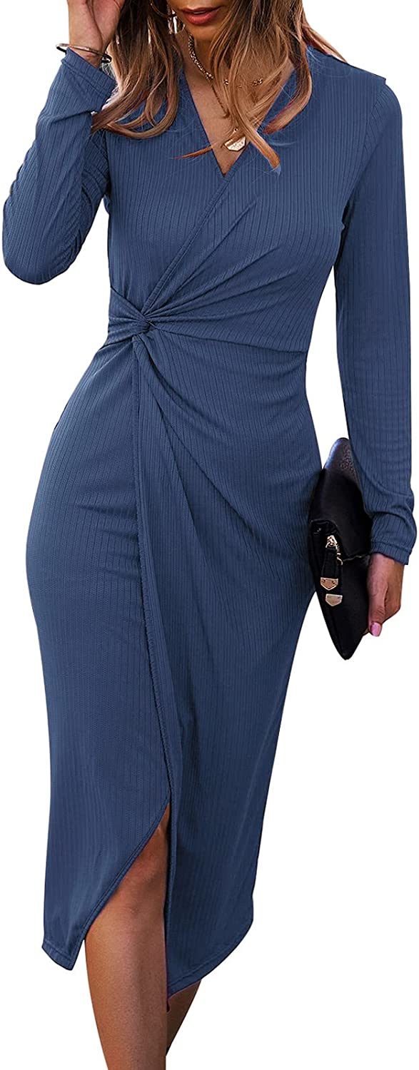 Women Casual Dresses V Neck Long Sleeve Twist Front Waist Ribbed Knit Bodycon Slit Dress Cocktail Party Midi Dress