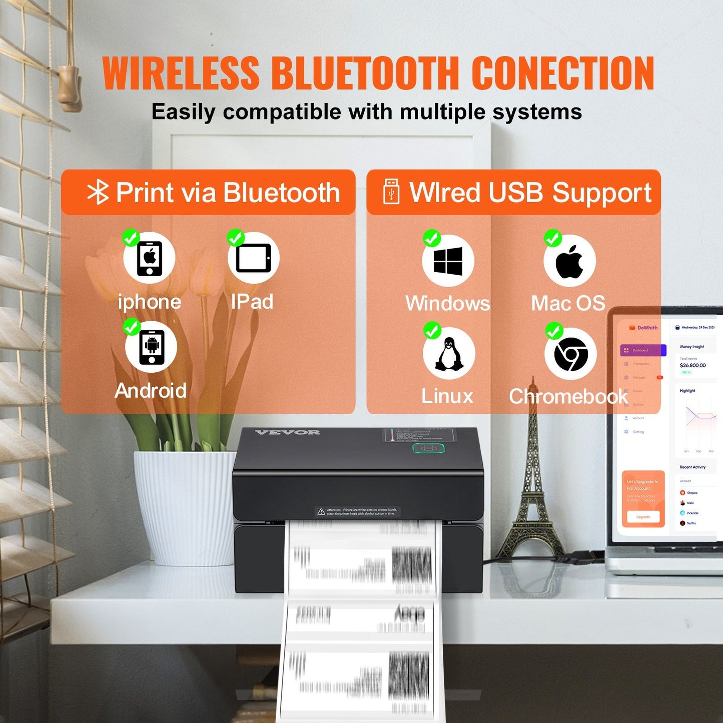 VEVOR 300DPI Bluetooth Thermal Label Printer w/Auto Recognition & Rohm Printer Head, Wireless Shipping Label Printer for 1.57" - 4.25" Width Labels,Thermal Printer Supports Shipping, Barcode and More