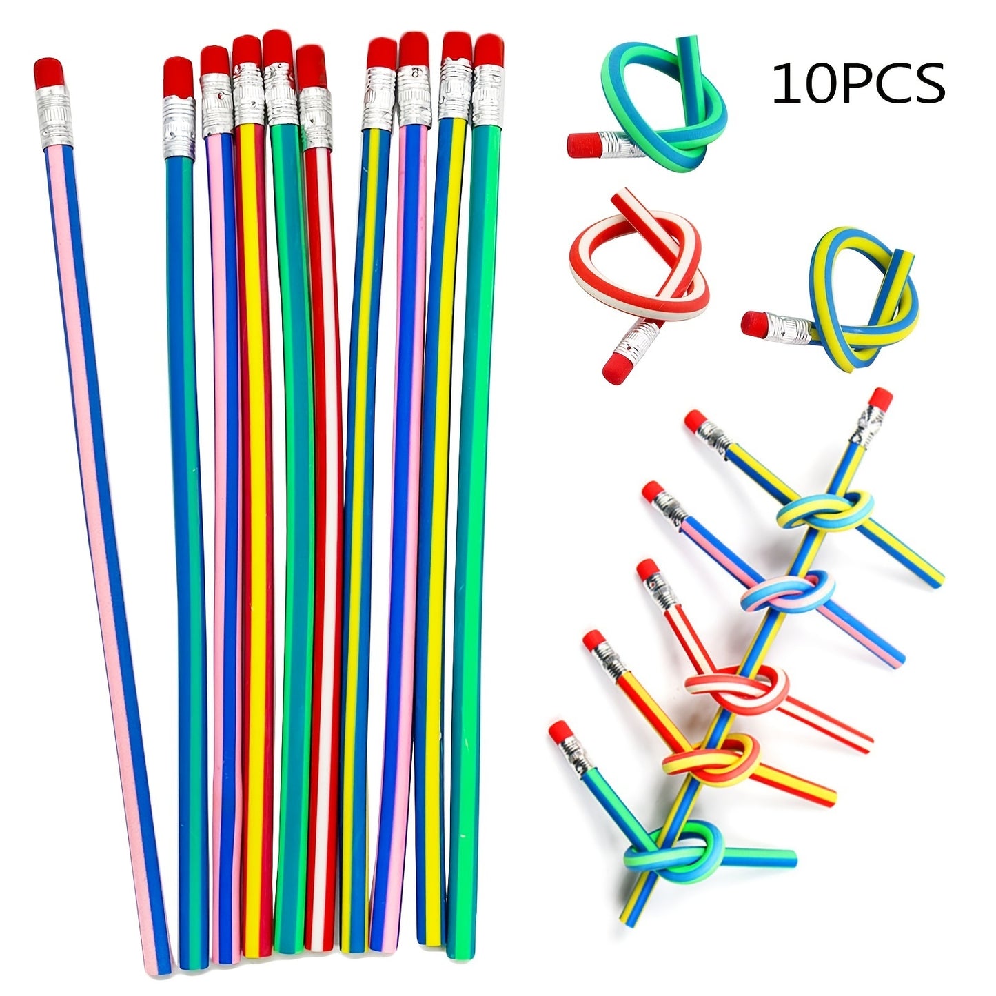 10pcs 7 Inch Flexible Pencils,Soft Novelty Pencil,Multi Colored Striped Soft Pencil With Eraser For Valentine's Day,Children Kids Gift School Fun Equipment