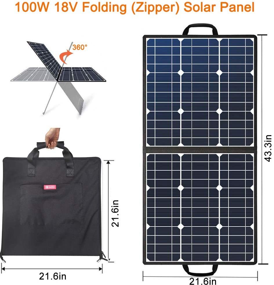 100W 18V Portable Solar Panel, Flashfish Foldable Solar Charger with 5V USB 18V DC Output Compatible with Portable Generator, Smartphones, Tablets and More