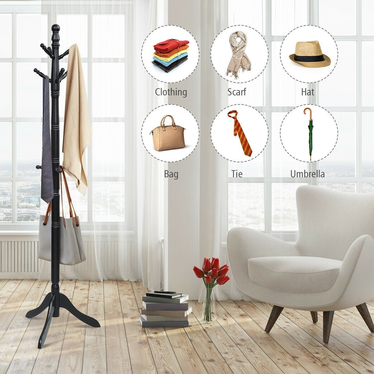 Entryway Adjustable Free Standing Wooden Coat Rack Brown