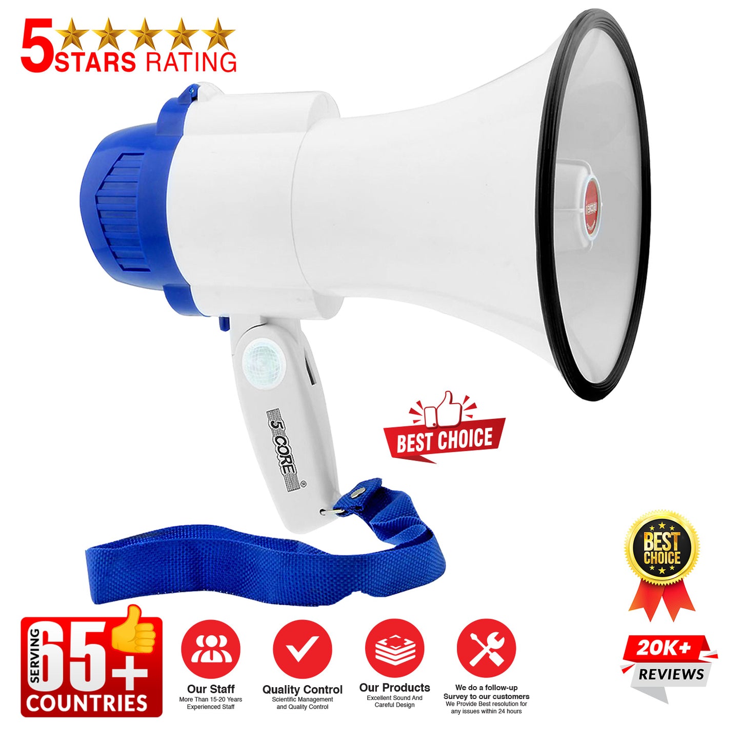5 Core Megaphone Bull Horn 30W Loud Speaker 800 Yards Range Portable Bullhorn w Recording Volume Control Siren Noise Maker for Kids and Adults for Coaches Cheerleading Football Safety Drills 8R