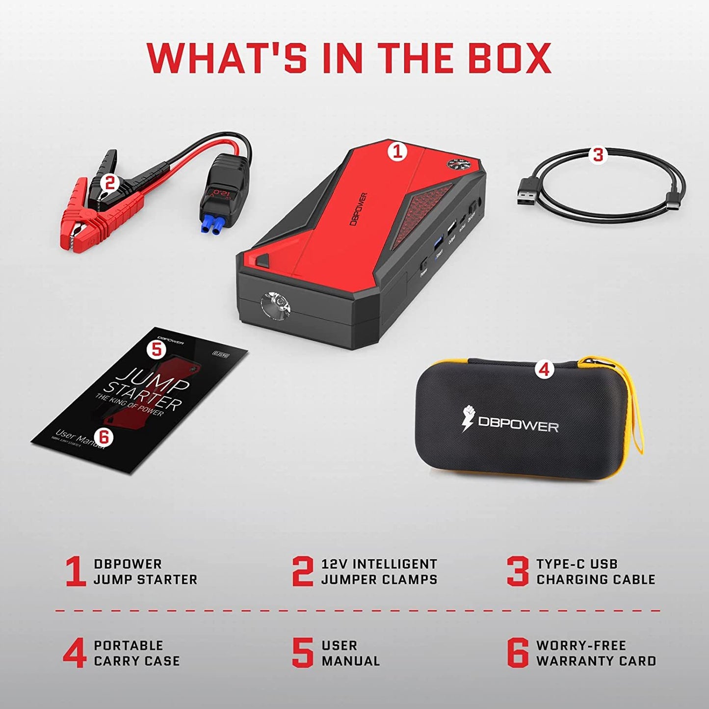 DBPOWER Peak 1600A 18000mAh Portable Car Jump Starter( up to 7.2 Gas;  5.5L Diesel Engines) Battery Booster with Smart Charging Port;  LCD Display;  Intelligent Jumper Clamps;  Compass and LED Light