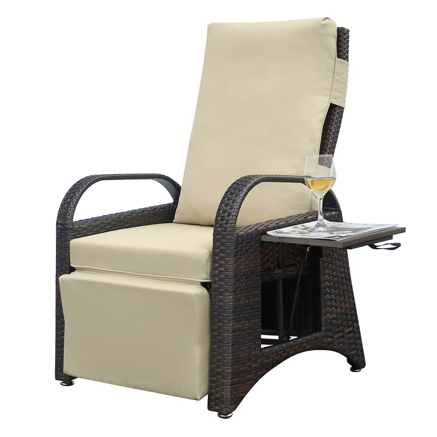 Outdoor Adjustable Wicker Recliner with Flip Table