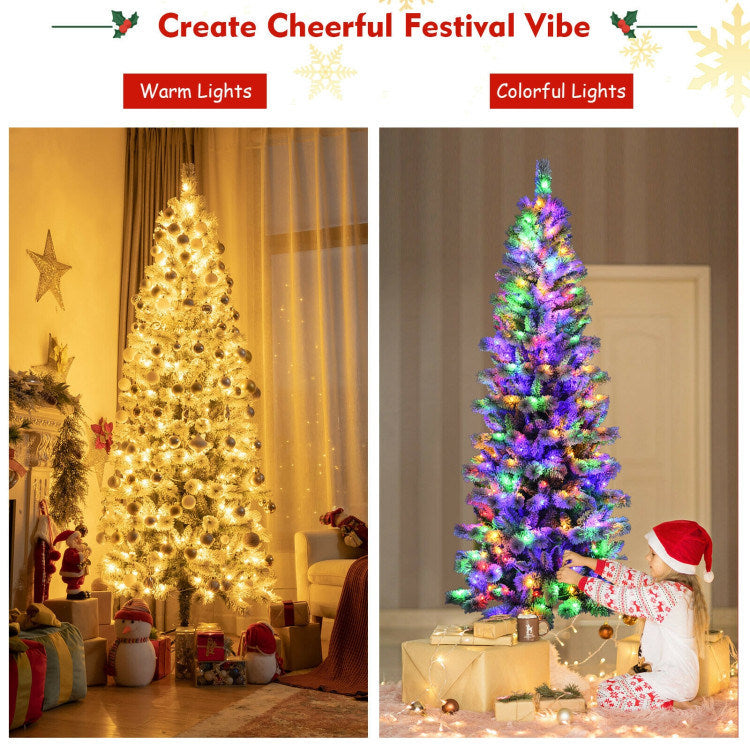 5/6/7.5/8 Feet Pre-lit Snow Flocked Christmas Tree with 9 Lighting Modes