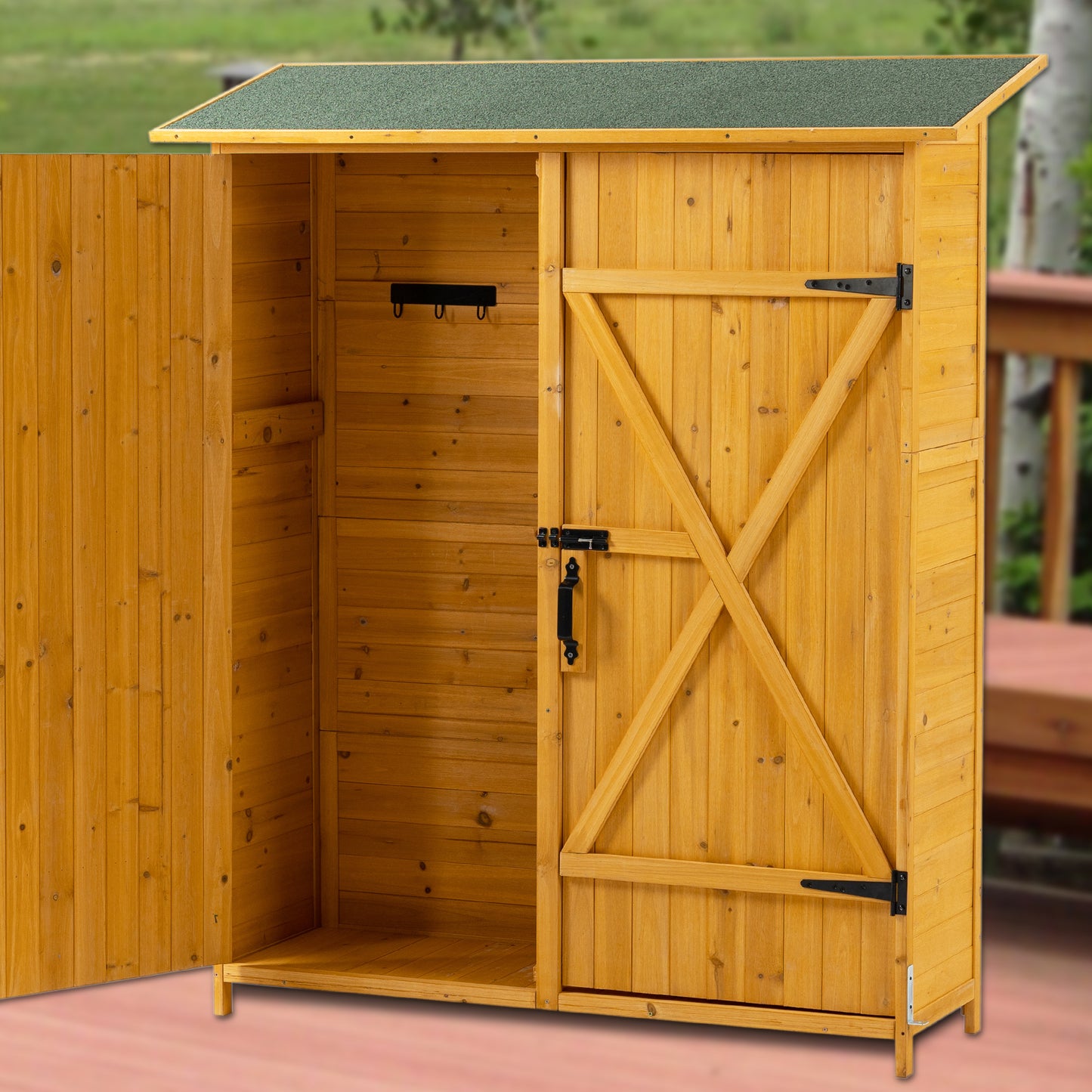 Outdoor Storage Shed with Lockable Door, Wooden Tool Storage Shed with Detachable Shelves and Pitch Roof, Natural/Gray