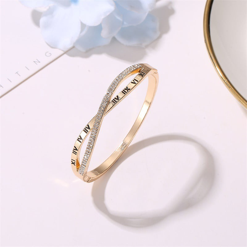 Roman Numerals Bracelet with Rhinestones Stainless Steel Bracelet Bangles for Women