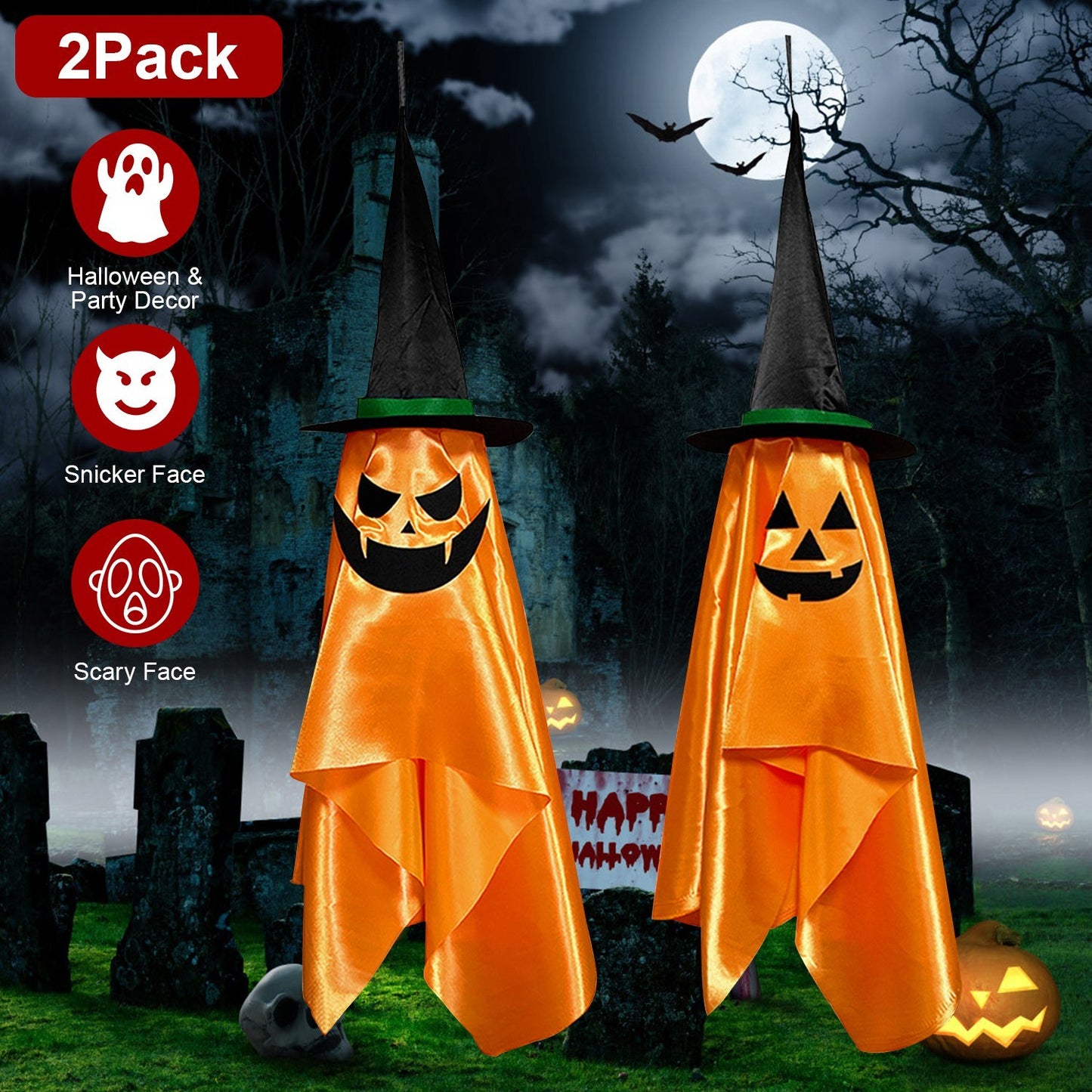 2 Pack Hanging Ghosts with Wizard Hat Snicker Scary Face Halloween Party Hanging Decorations Pumpkin Wizard Hat for Eave Tree Porch