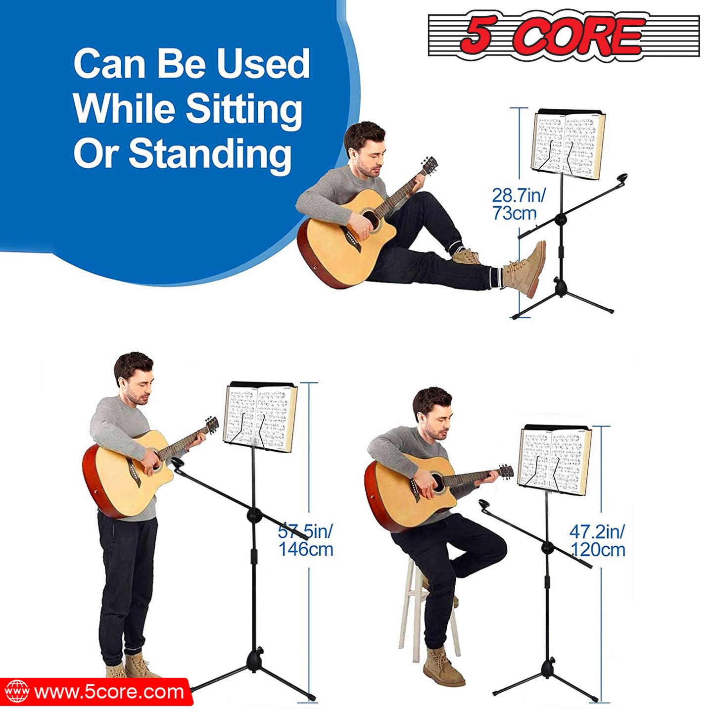 5 Core Sheet Music Stand With Mic Stand Holder - 3 IN 1 Professional Portable Music Stand with Folding Tray; Detachable Microphone Stand Dual-Use for Sheet Music & Projector Stand MUS MH