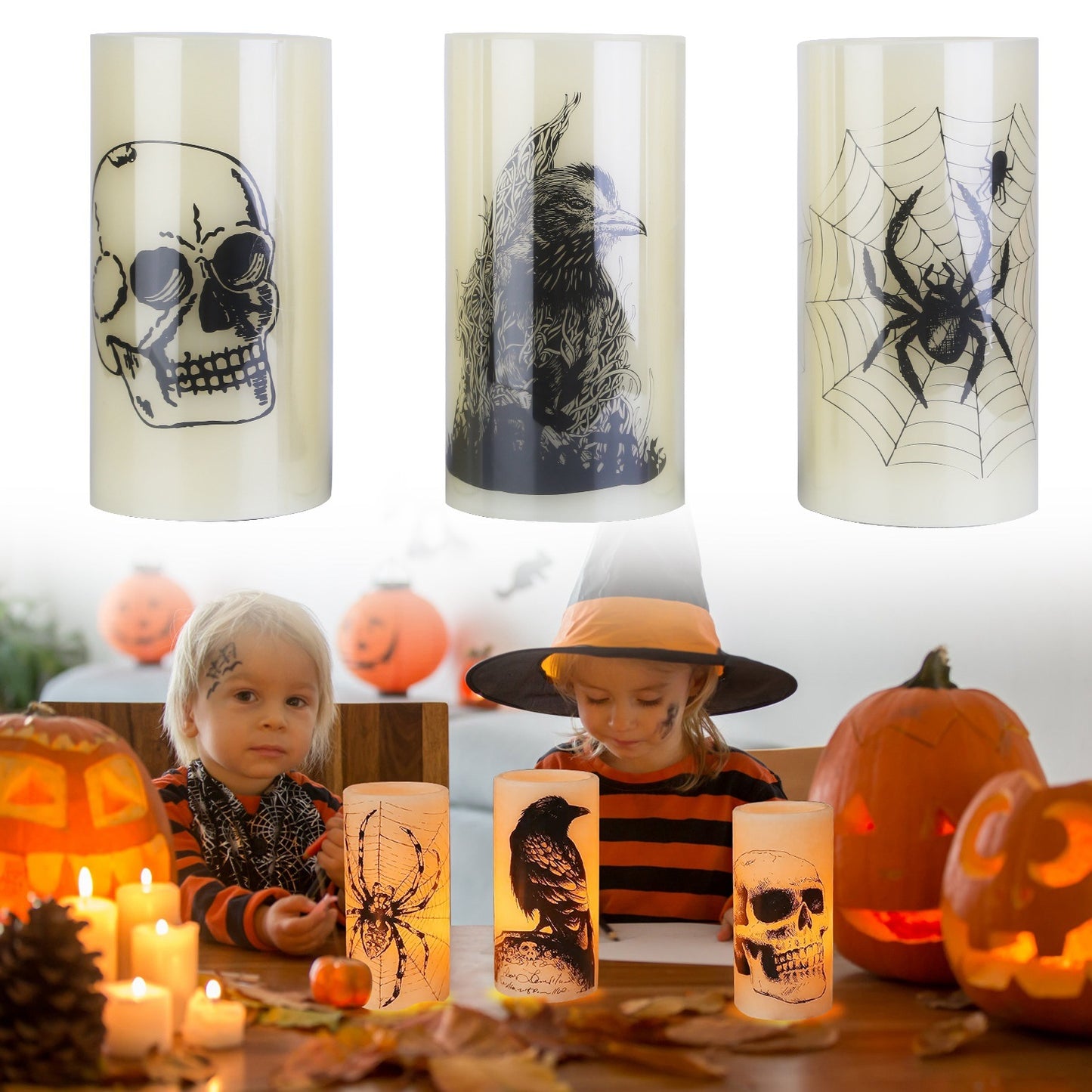 3 Pack Halloween Flameless Candle Lamp with Timer Setting Battery Operated Warm Orange Light Candles for Halloween Party Decoration Spider Crow Skull