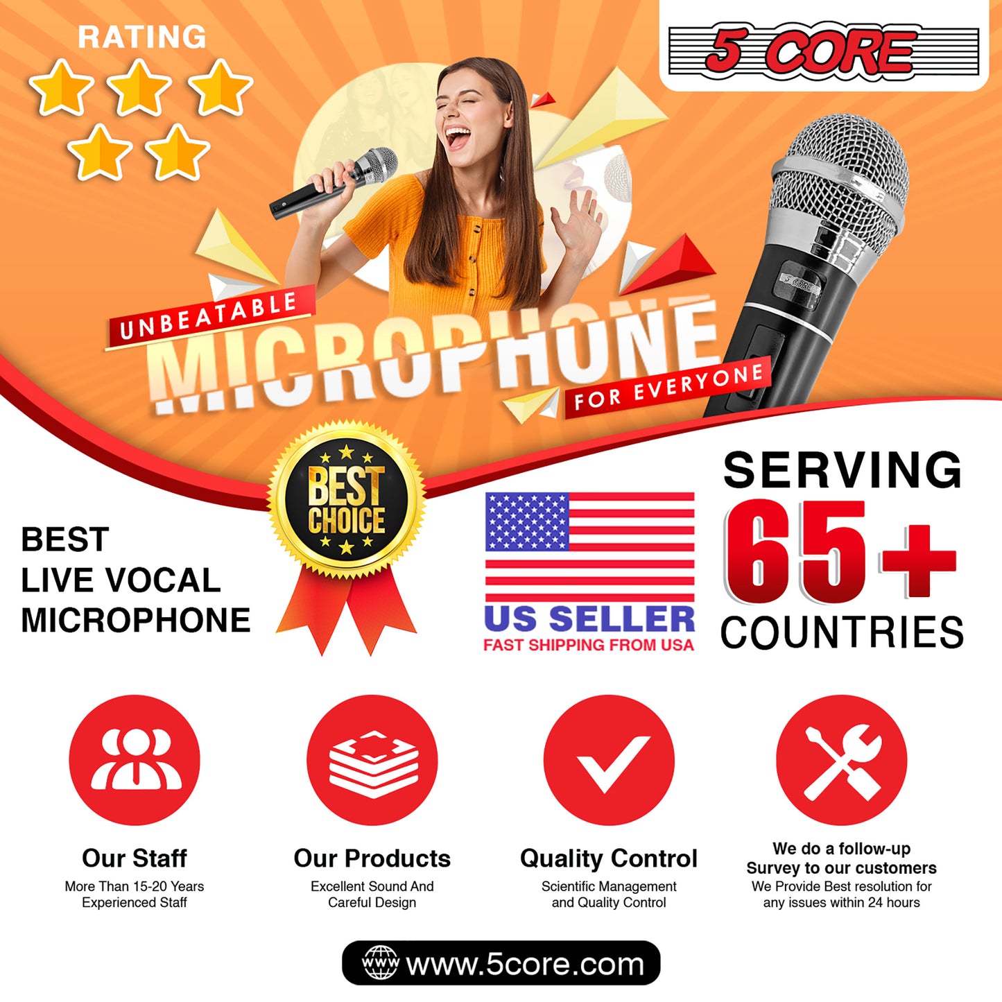 5 CORE Premium Vocal Dynamic Cardioid Handheld Microphone Unidirectional Mic with 16ft Detachable XLR Cable to ? inch Audio Jack and On/Off Switch for Karaoke Singing PM 100