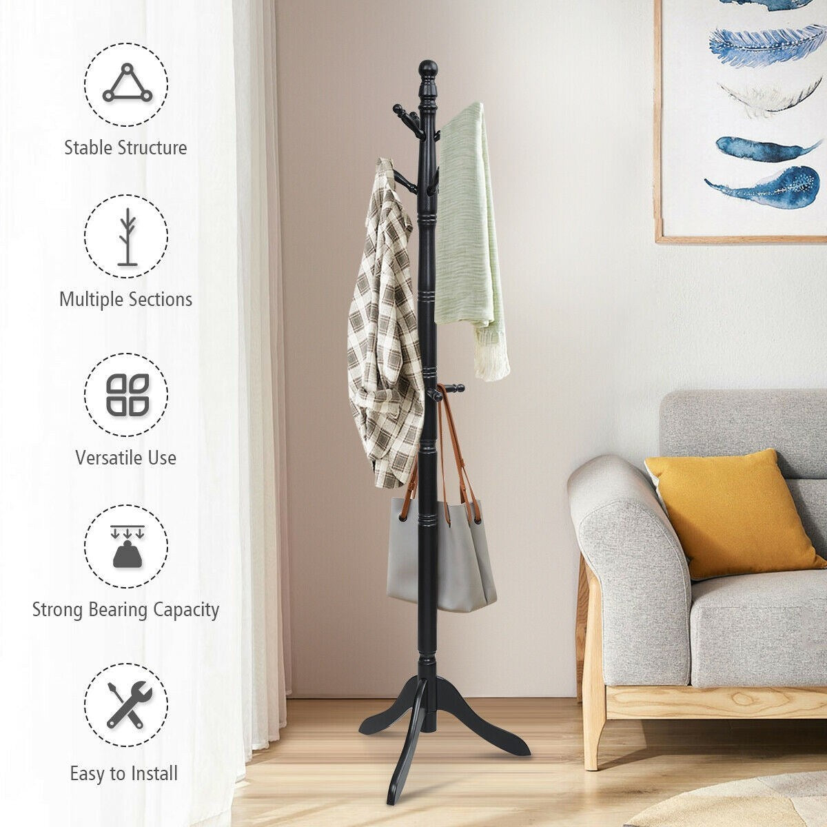 Entryway Adjustable Free Standing Wooden Coat Rack Brown