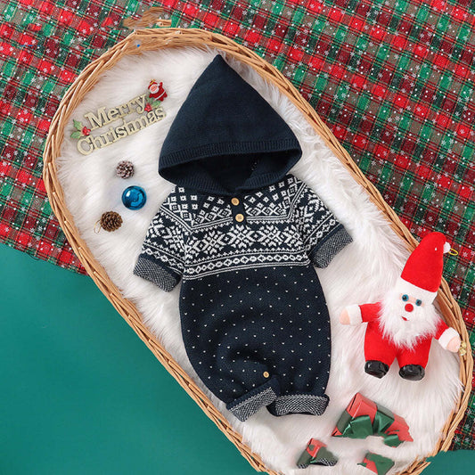 Baby Boy And Girl Christmas Print Pattern Knit Hooded Jumpsuits