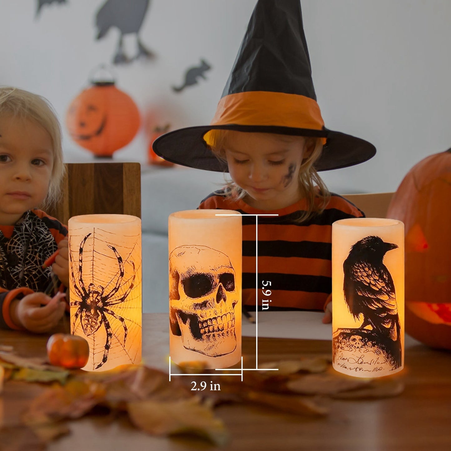 3 Pack Halloween Flameless Candle Lamp with Timer Setting Battery Operated Warm Orange Light Candles for Halloween Party Decoration Spider Crow Skull