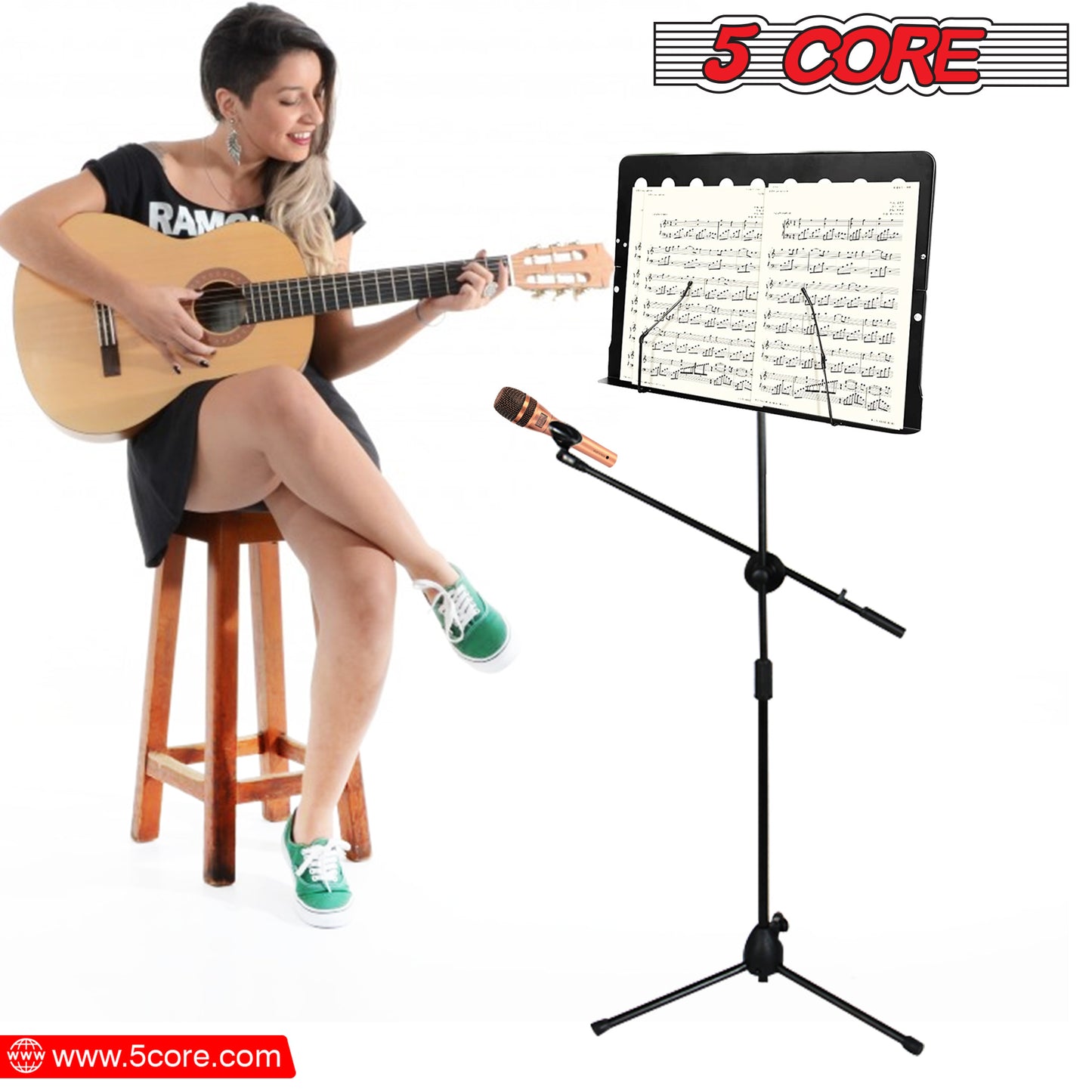 5 Core Sheet Music Stand With Mic Stand Holder - 3 IN 1 Professional Portable Music Stand with Folding Tray; Detachable Microphone Stand Dual-Use for Sheet Music & Projector Stand MUS MH