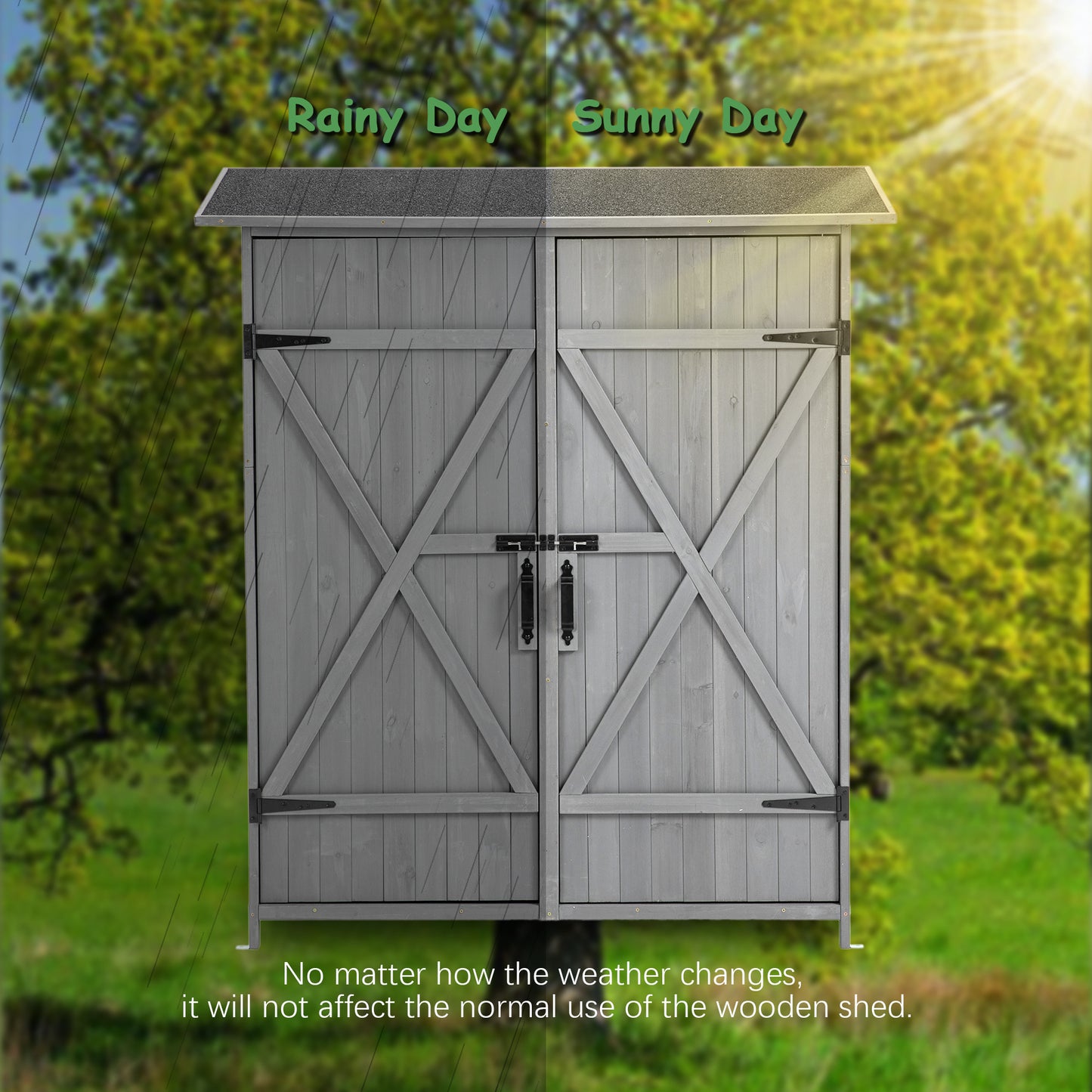 Outdoor Storage Shed with Lockable Door, Wooden Tool Storage Shed with Detachable Shelves and Pitch Roof, Natural/Gray