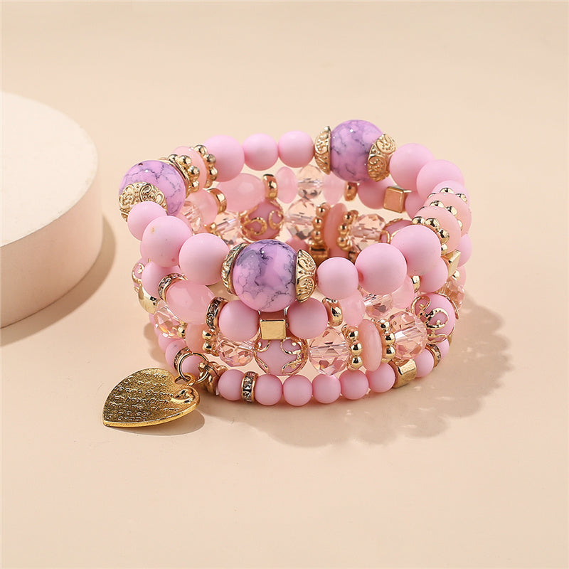 Heart Charm Bead Layered Bracelet Set Pompomian Bracelet Charm Vintage Jewelry Valentine's Day Gift