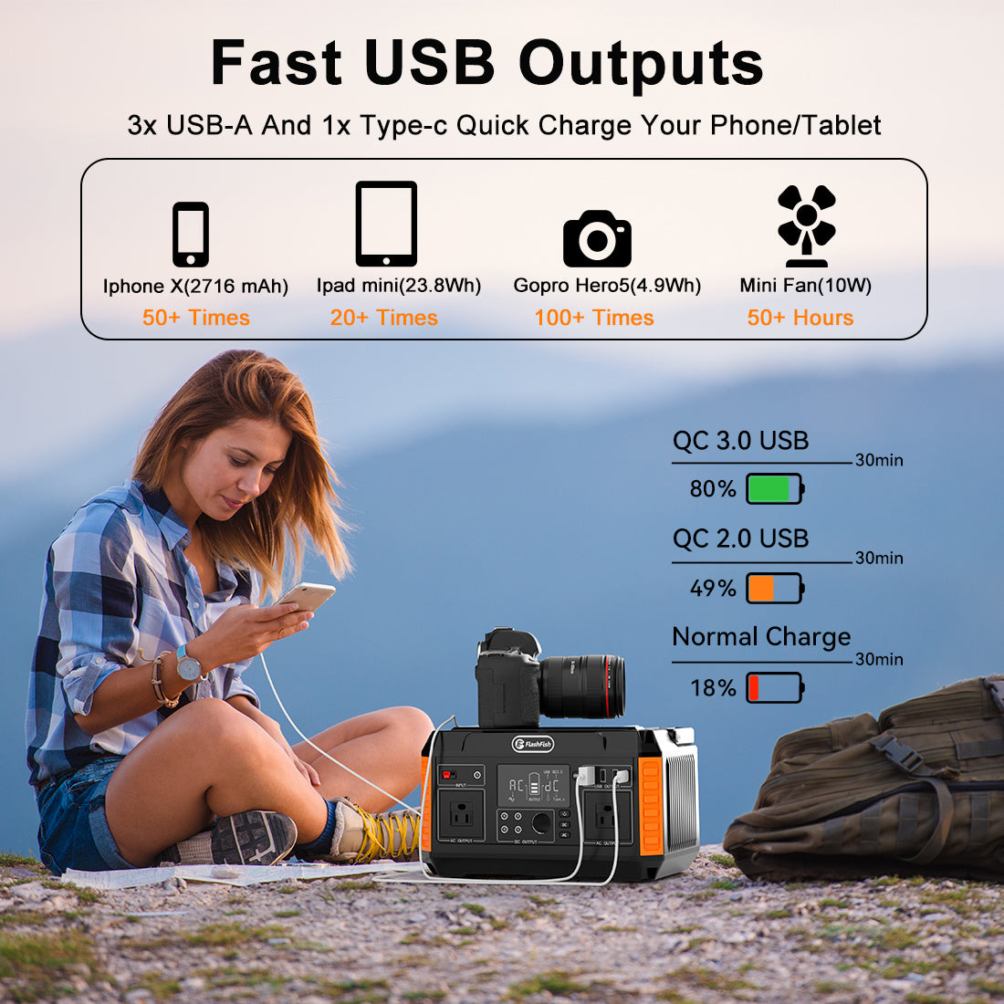 Flashfish 560W Portable Power Station;  520Wh/140400mAh Solar Generator Backup Power with 2x110V/560W AC Outlets;  5xDC Output and 4xUSB Outputs;  Lithium Battery pack Lithium Battery Pack