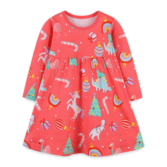 Baby Girl Cartoon Print Pattern Western Style Loose Christmas Dress