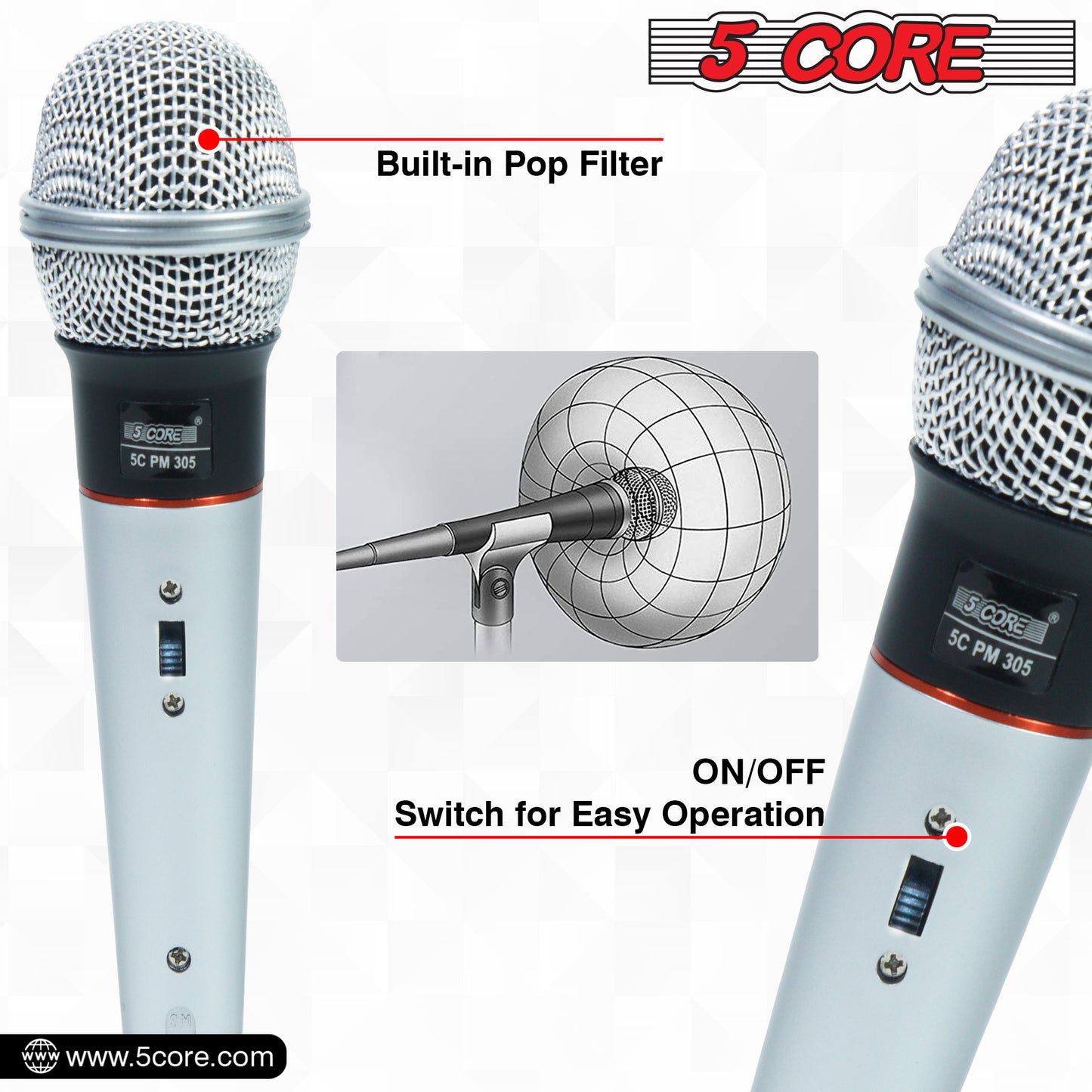 5 Core Microphone Wired Dynamic Vocal Handheld Mic Cardioid Karaoke Unidirectional Microfono w On and Off Switch Includes XLR Audio Cable for Singing, Public Speaking & Parties PM 305