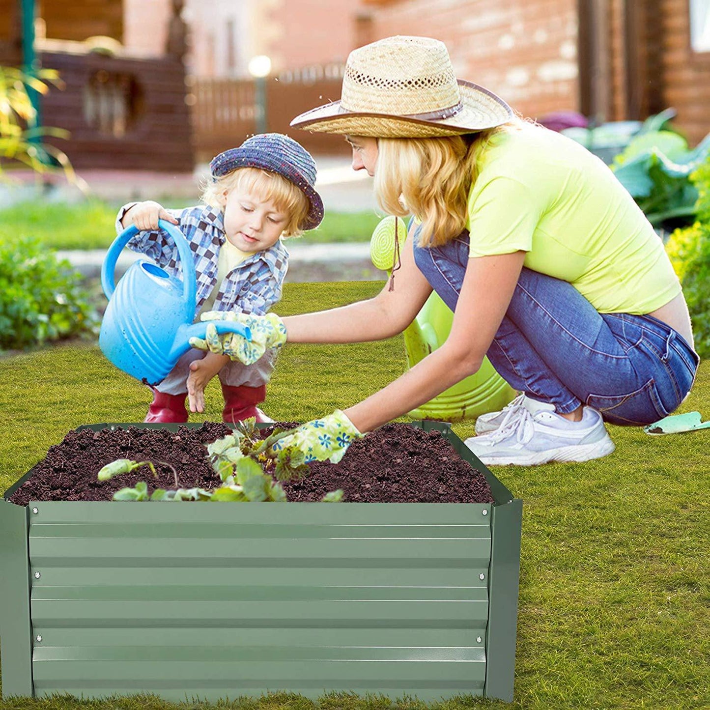 Bosonshop Raised Garden Bed Steel Planter Box Galvanized Anti-Rust Coating Planting Vegetables Herbs and Flowers for Outdoor;  Square