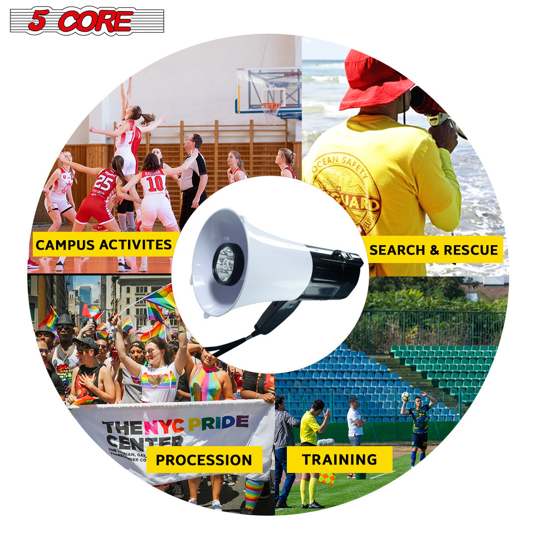 5Core Megaphone Handheld with LED lights Bullhorn Cheer Loudspeaker Bull Horn Speaker Megaphono Siren Torch Flashlight Sling Strap Portable 148 LED