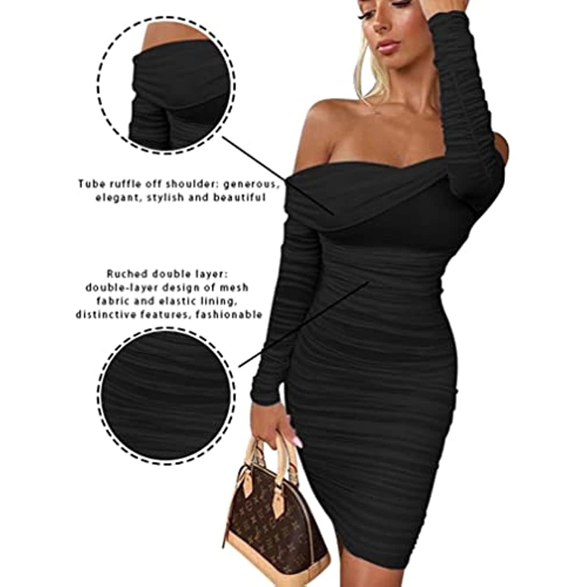 Women's Sexy Elegant Ruffle Long Sleeve Off Shoulder Ruched Party Mini Dress