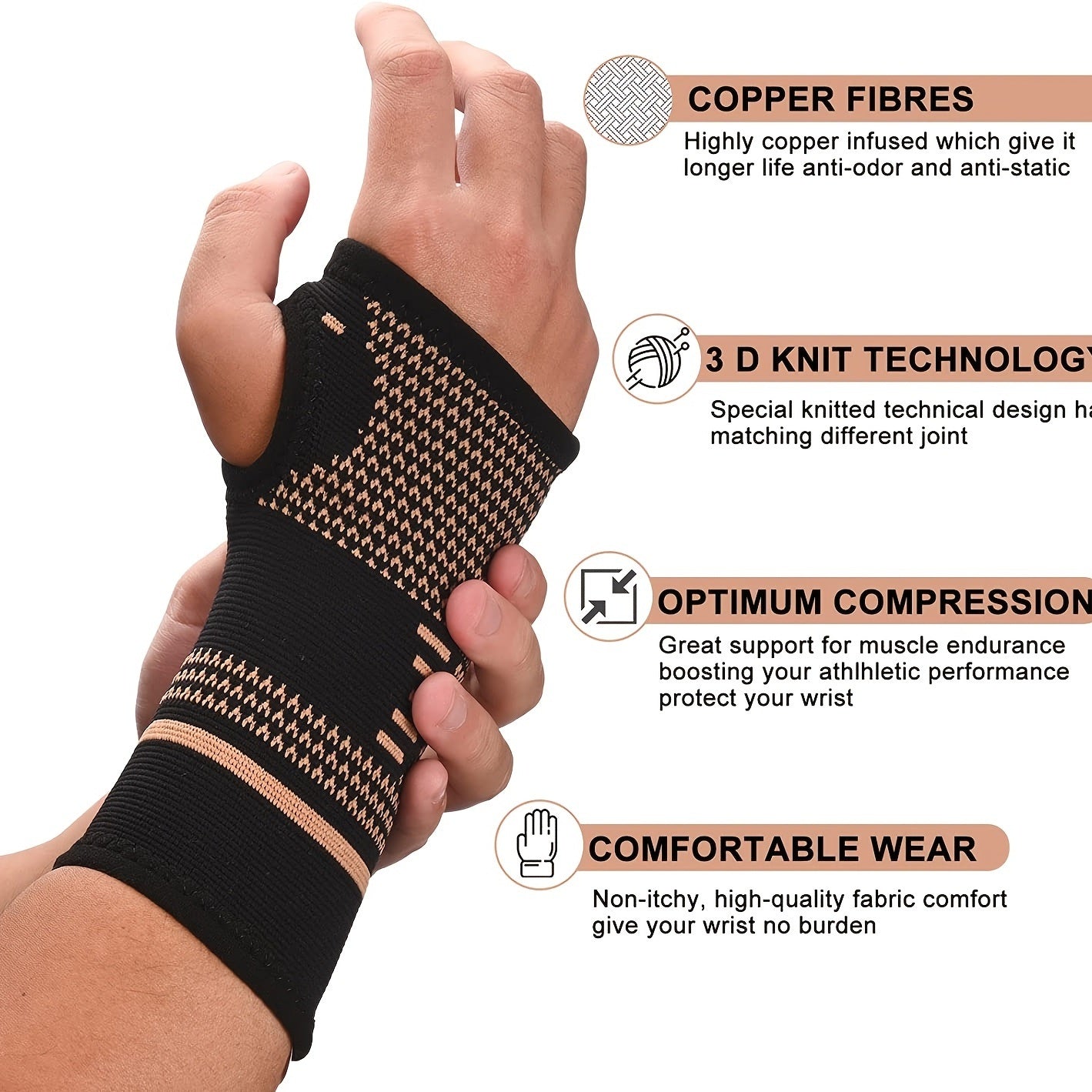 1pair Unisex Copper Fiber Wrist Compression Sleeves; Comfortable And Breathable For Arthritis; Tendonitis; Sprains; Workout; Carpal Tunnel; Wrist Support