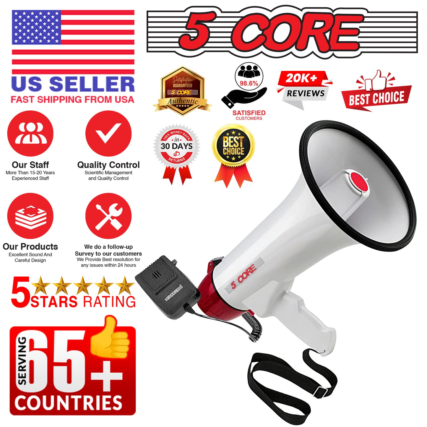 5 CORE 40W Megaphone Bullhorn Cheer Bull Horn Speaker Rechargeable Megafono 1000 Yard Range Siren Recording USB SD Card AUX Detachable Microphone for Cheerleading, Football, Safety Drills 20RF