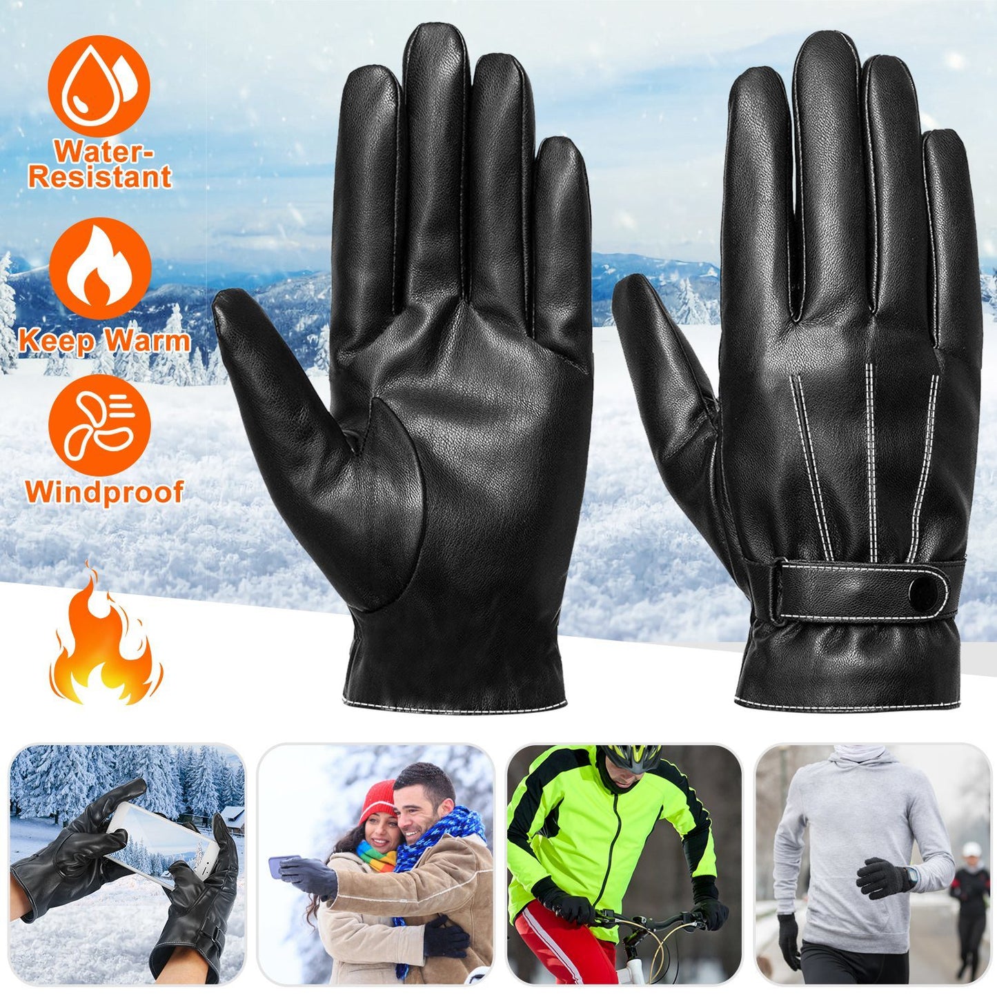 Men's Leather Winter Gloves Touchscreen Outdoor Windproof Cycling Skiing Warm Gloves