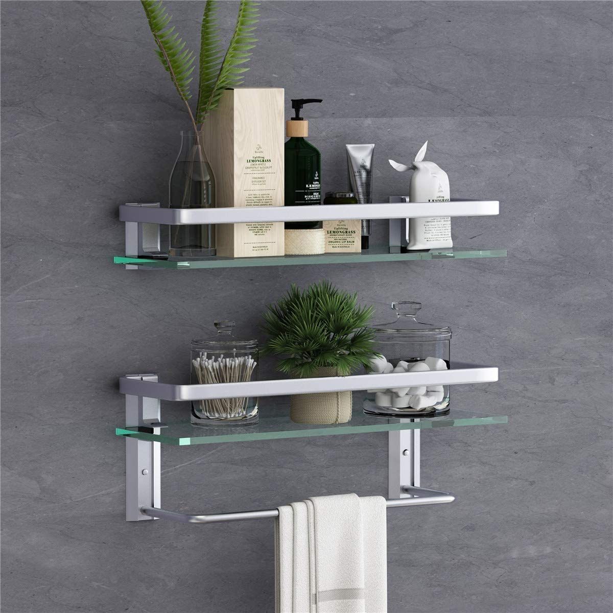 Glass Bathroom Shelf 15.7in Bathroom Shelf Wall Mounted Floating Glass Shelves with Towel Holder Glass Shower Shelf 2 Tier