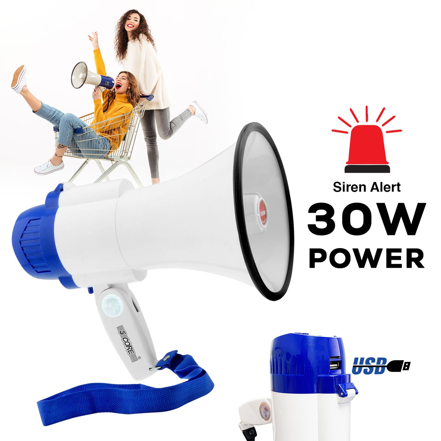 5 Core Megaphone Bull Horn 30W Loud Speaker 800 Yards Range Portable Bullhorn w Recording Volume Control Siren Noise Maker for Kids and Adults for Coaches Cheerleading Football Safety Drills 8R